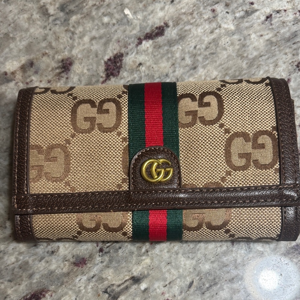 Gucci Beige GG Canvas Wallet with Brown and Red-Green Stripe